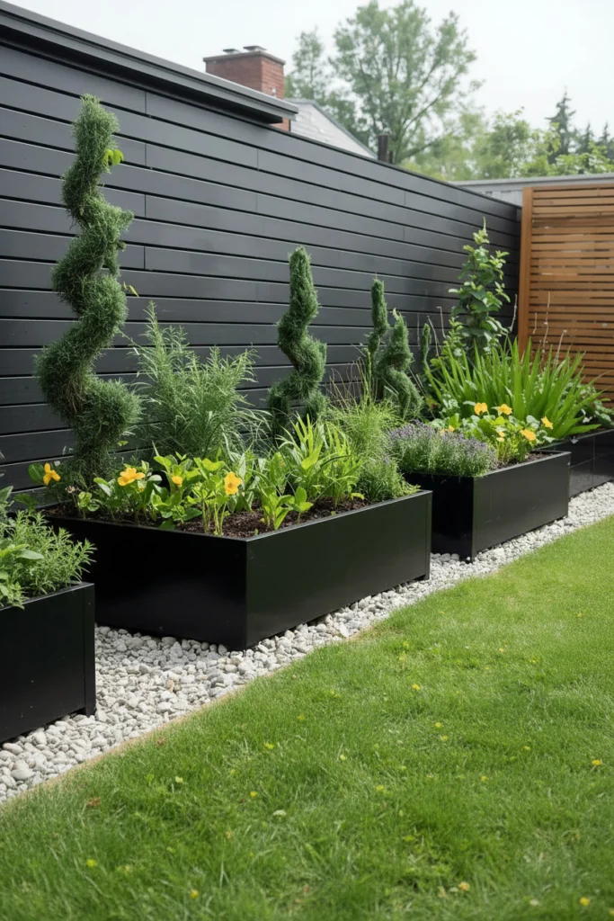 Black steel raised garden beds hold green plants.
