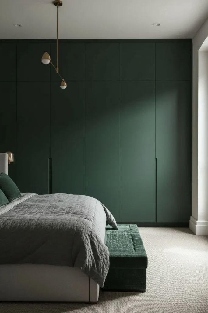 Dark green matte wardrobe doors create a bold bedroom statement.
