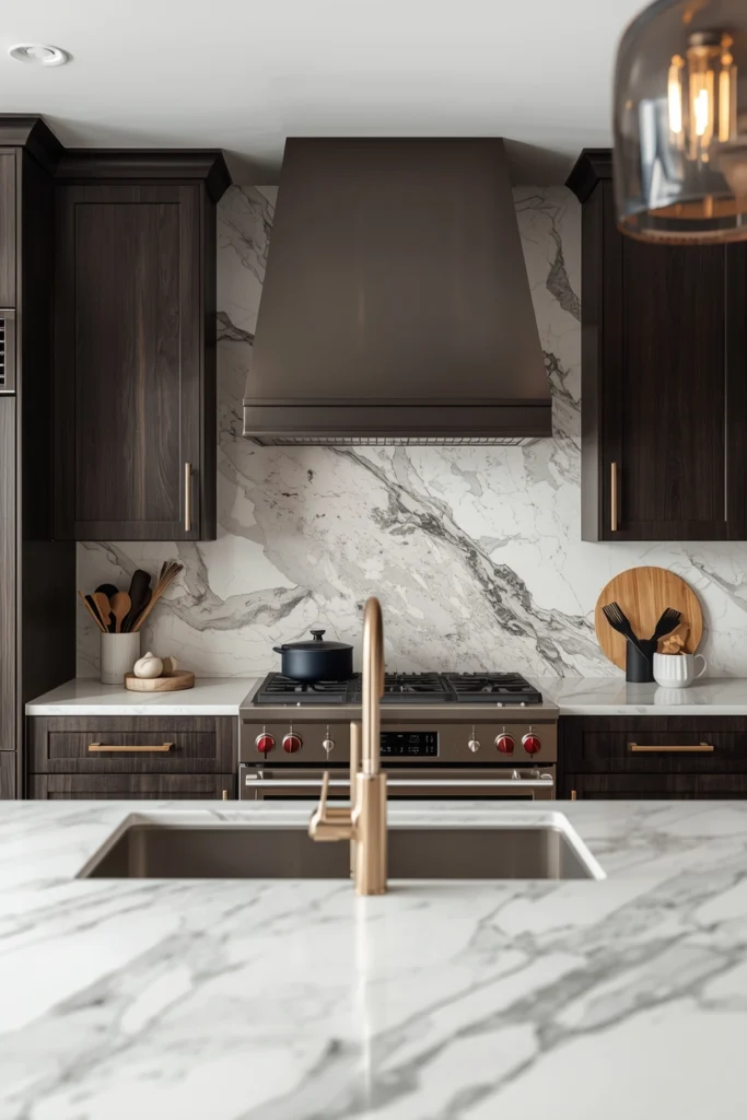 Bookmatched quartzite stone creates stunning symmetrical wall patterns.
