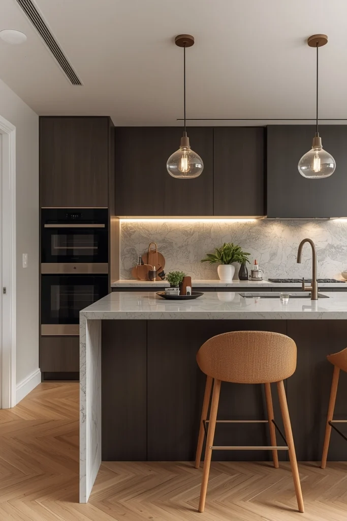 Soft under-cabinet lights glowing warmly over a kitchen counter.