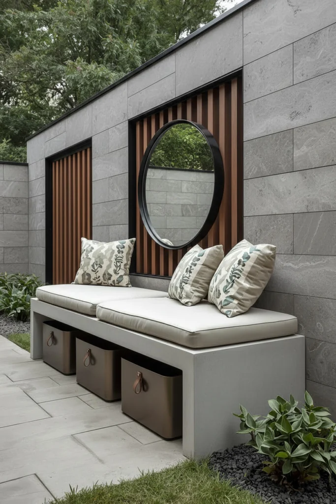 A timber bench seat runs along a backyard fence.