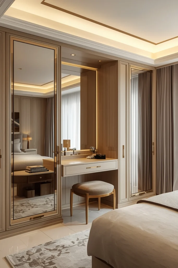 Built-in LED mirror vanity fits neatly inside wardrobe unit.