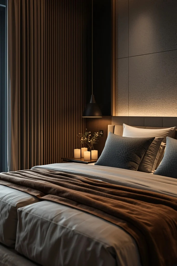 Flickering candles creating a calm bedroom atmosphere at night.