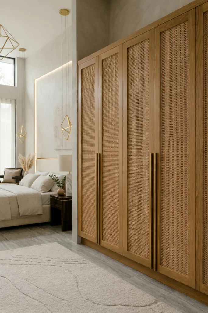 Cane panel wardrobe doors allow air flow inside the unit.