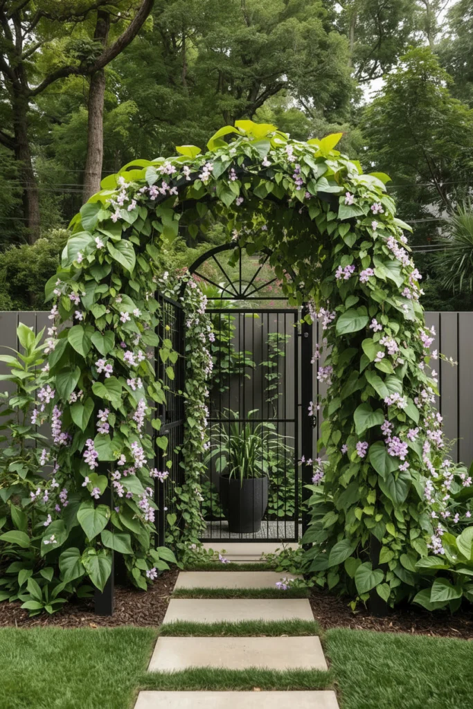 A climbing plant grows over a steel garden arch.