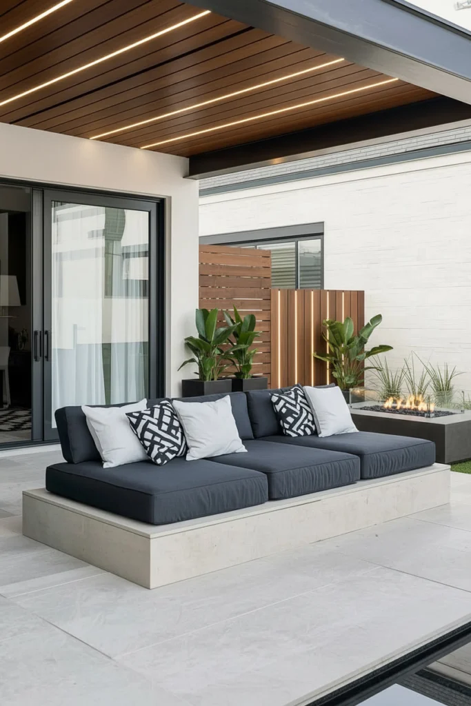 A concrete base sofa becomes part of the patio.