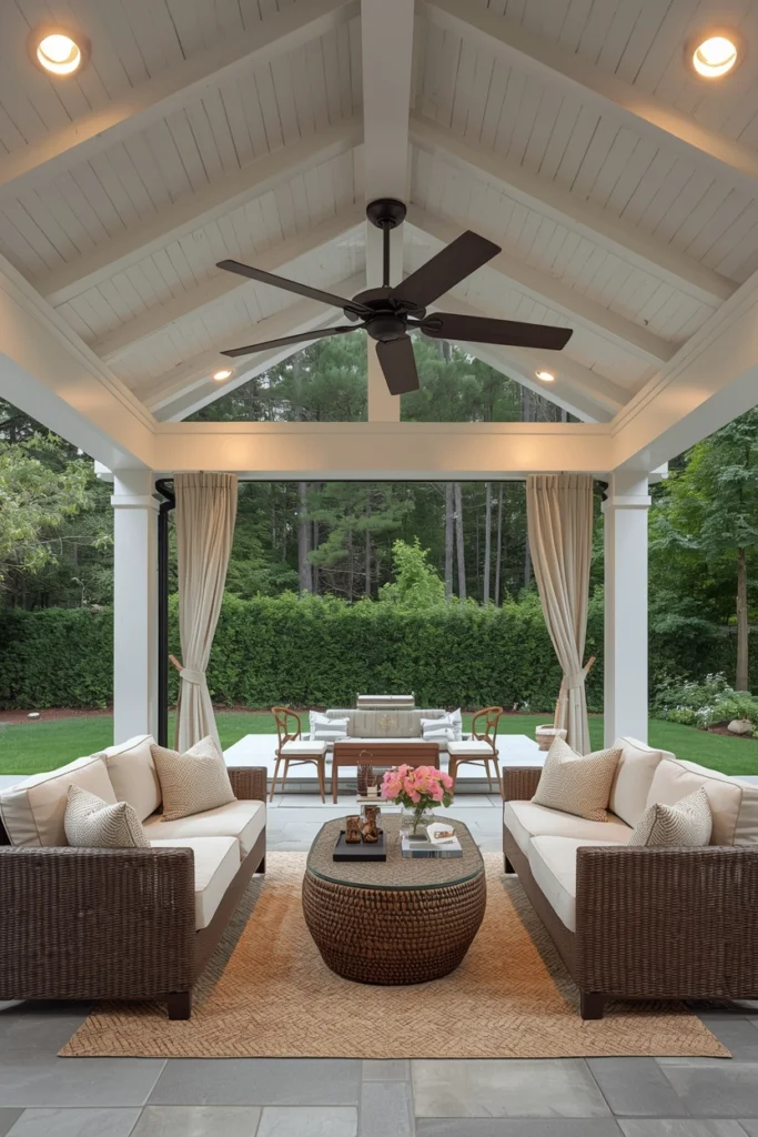 A covered patio features a ceiling fan overhead.