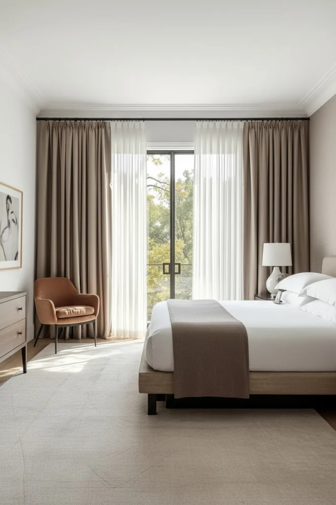 Sheer curtains softly filtering morning sunlight into bedroom.