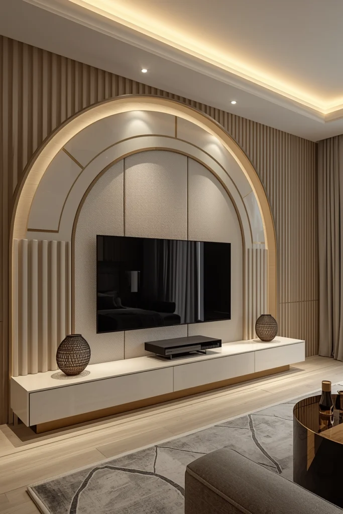 Curved plaster feature wall wrapping softly around a TV.