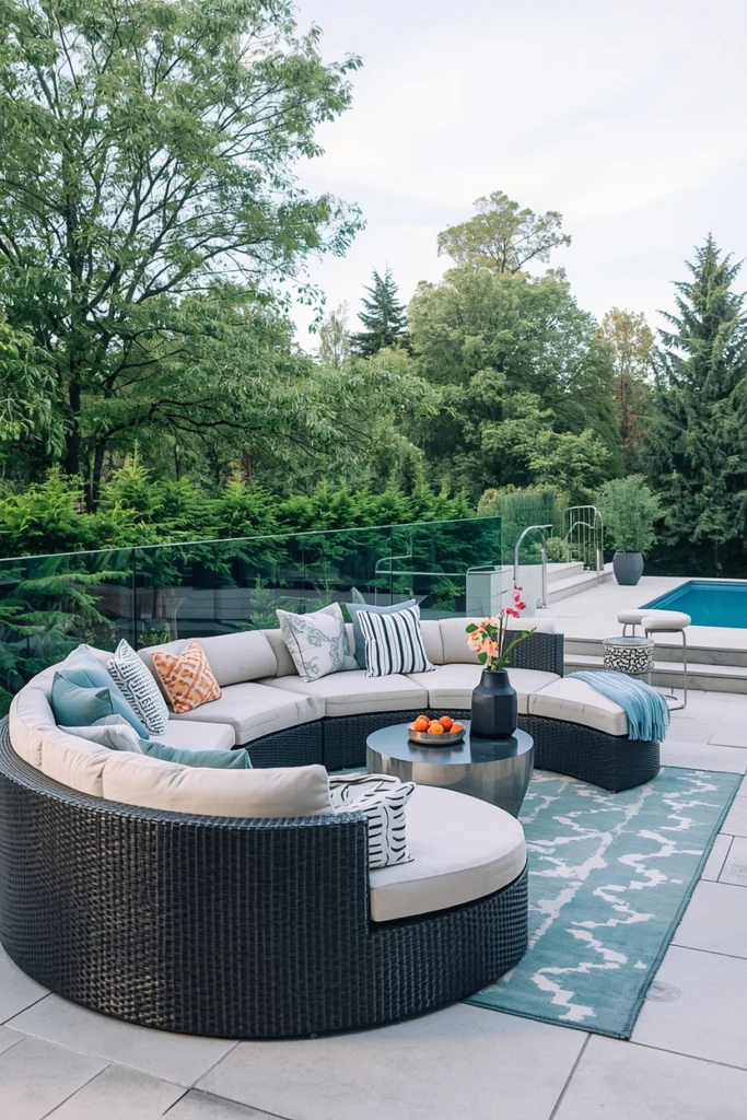 A curved sofa encourages easy outdoor conversation naturally.