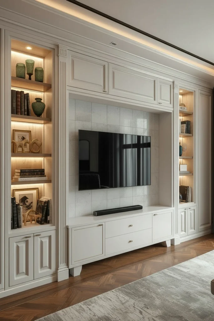 Custom built-in storage wall with TV mounted in centre.