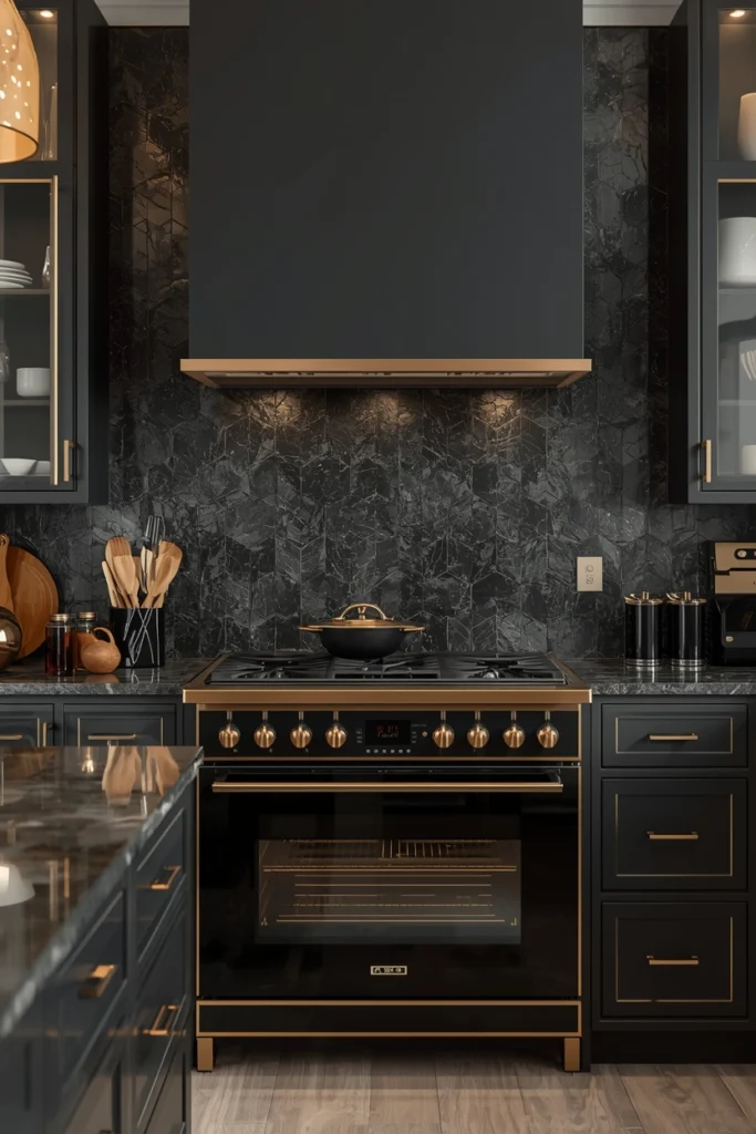 Dark dramatic tiles create bold contrast in modern kitchens.