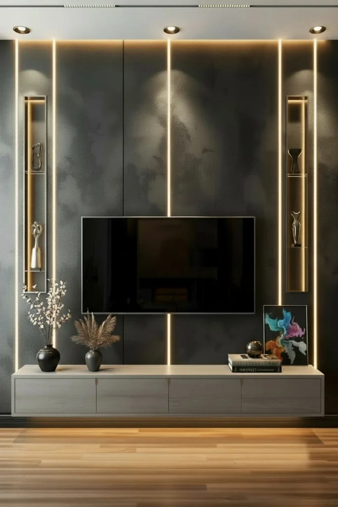 Dark charcoal textured plaster wall behind a mounted TV.
