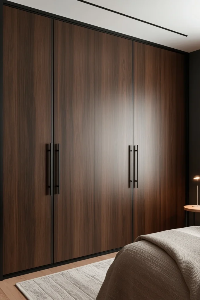Dark walnut wardrobe doors paired with slim matte black handles.