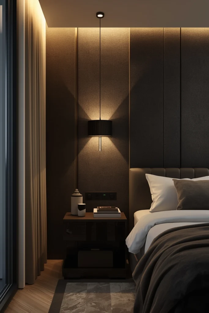 Dimmer switch controls soft bedroom lighting at night.