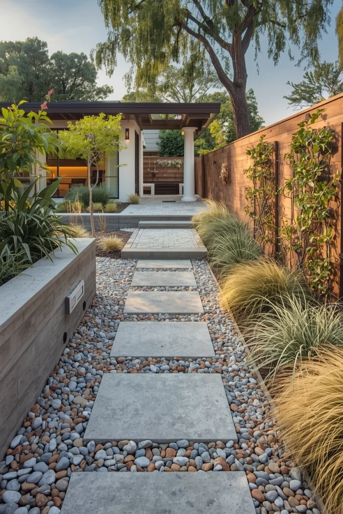 Exposed aggregate concrete path runs through a backyard.