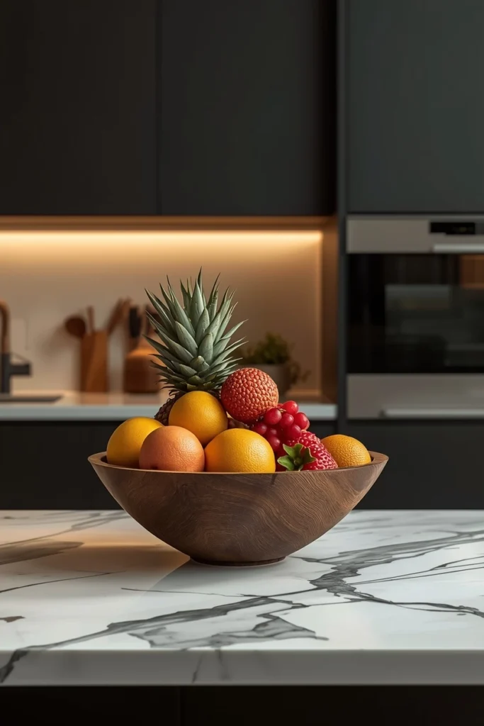 A wide fruit bowl filled with colorful fresh fruits.