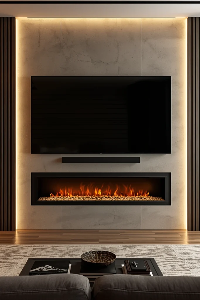 Modern fireplace and TV mounted together on one wall.
