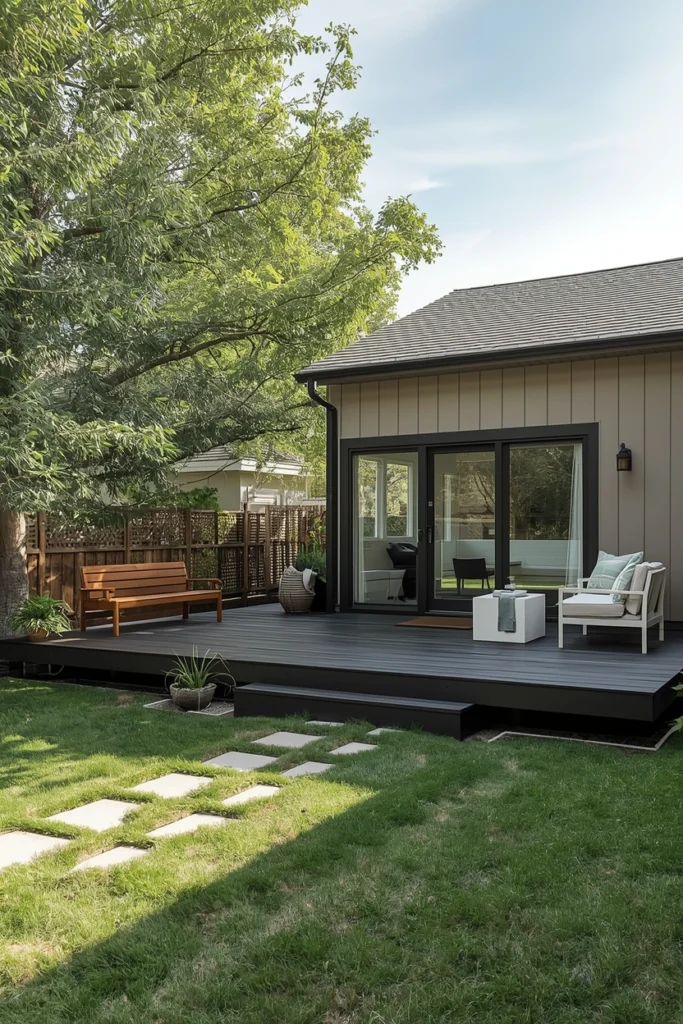 A floating deck sits alone in the backyard.