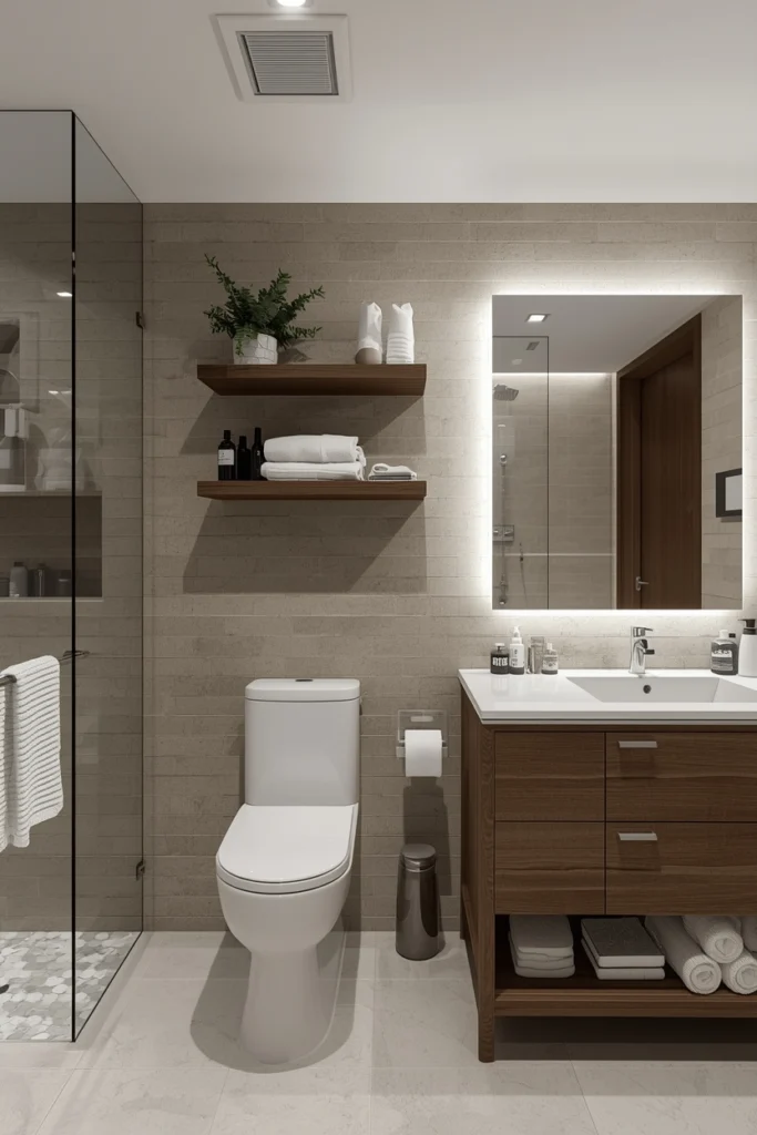 Floating wall storage keeps bathroom floors clear and tidy.