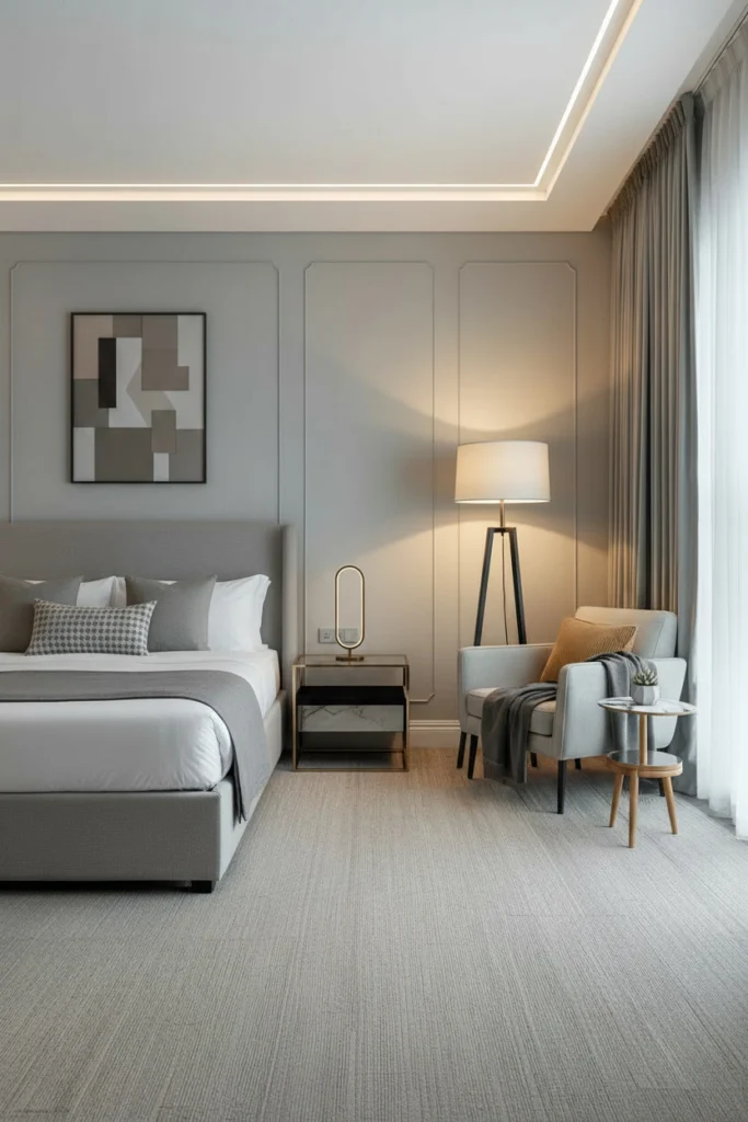 Floor lamp standing in a softly lit bedroom corner.