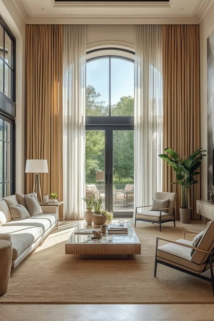 Sheer linen curtains hang from ceiling to floor in summer.