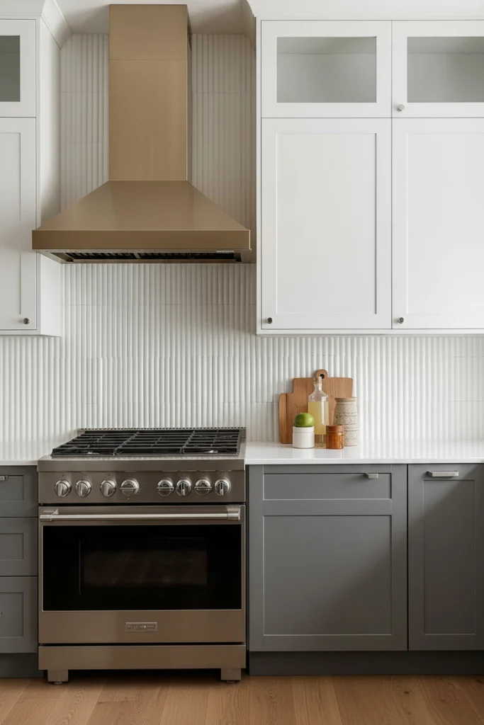 Fluted ceramic tiles create depth on kitchen walls.