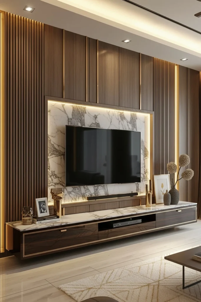Fluted oak panels with glowing LED strip lights behind TV.