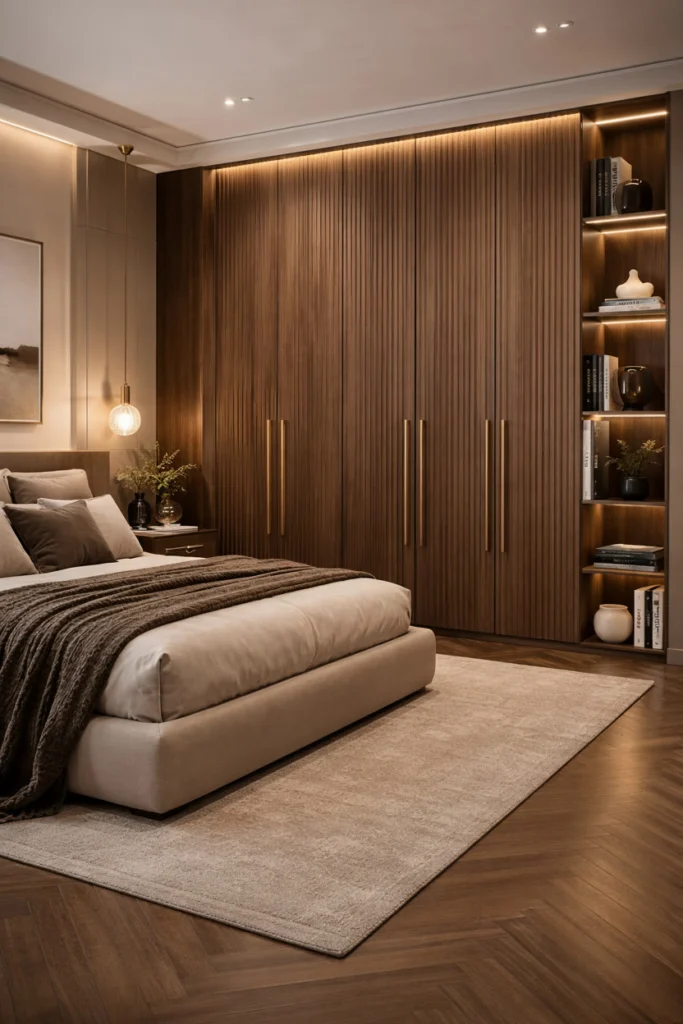 Fluted oak wardrobe doors create beautiful light and shadow.
