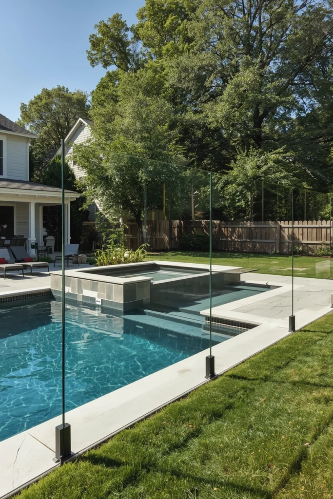 Frameless glass panels surround a backyard pool.