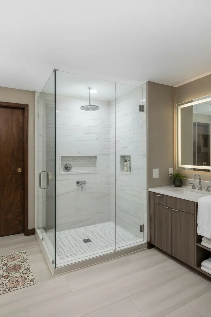 Tall frameless glass makes the shower area feel open.