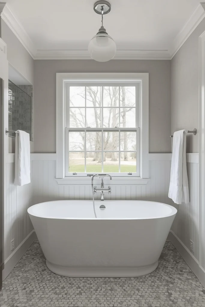 A freestanding bathtub becomes the room's focal point.