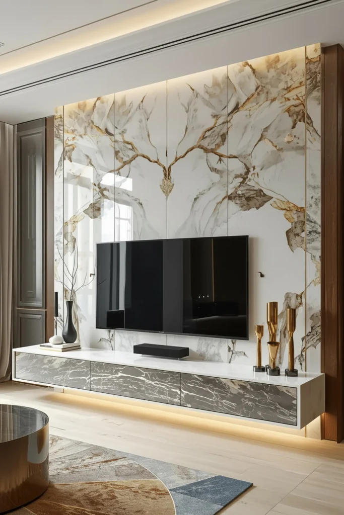 Full-height white marble slab covering the entire TV wall.