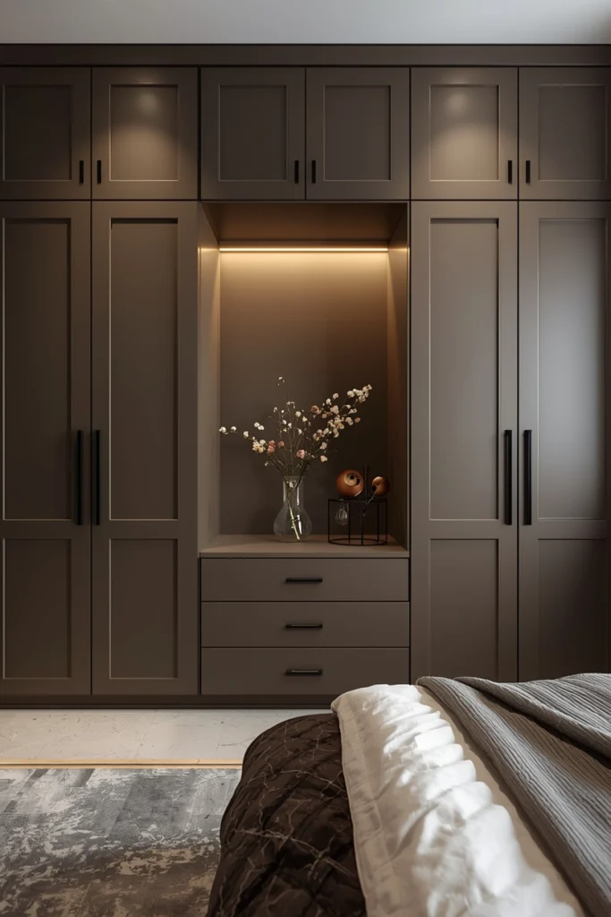 Full wall wardrobe with LED lit centre display niche feature.