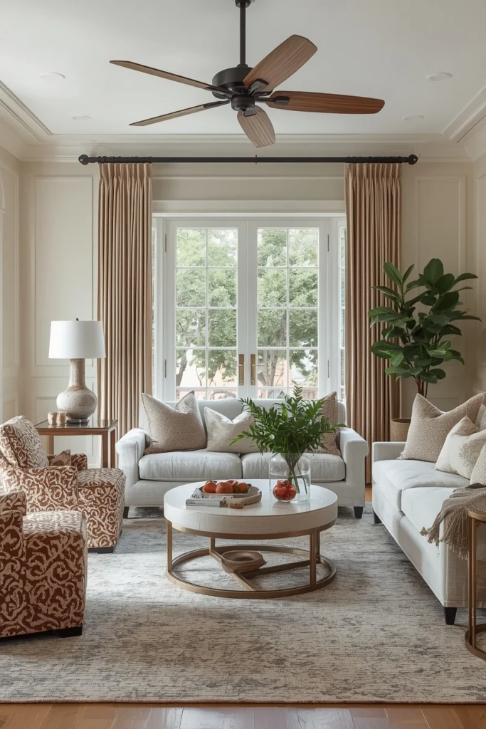 A sofa pulled from the wall creates an open and inviting layout.