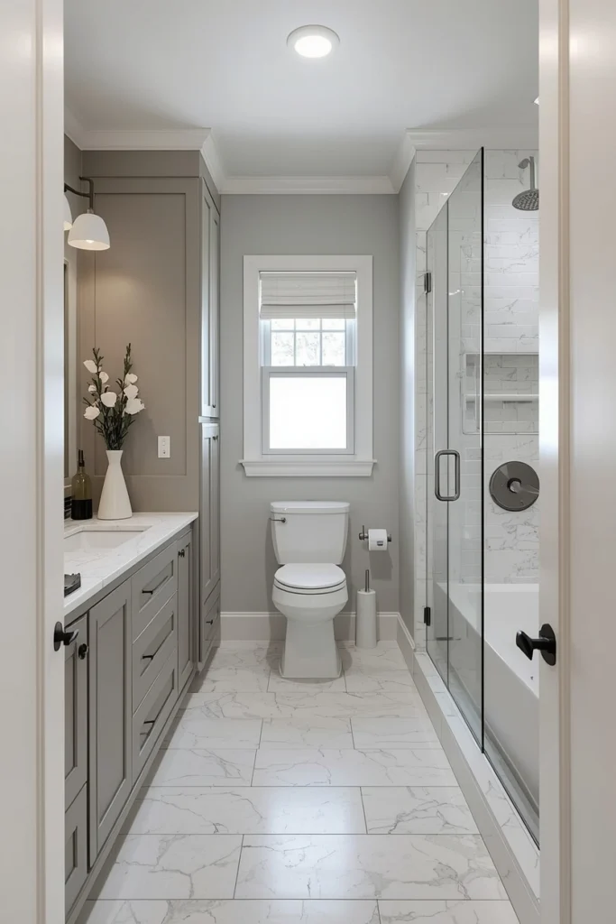 A galley layout works perfectly in long narrow bathrooms.