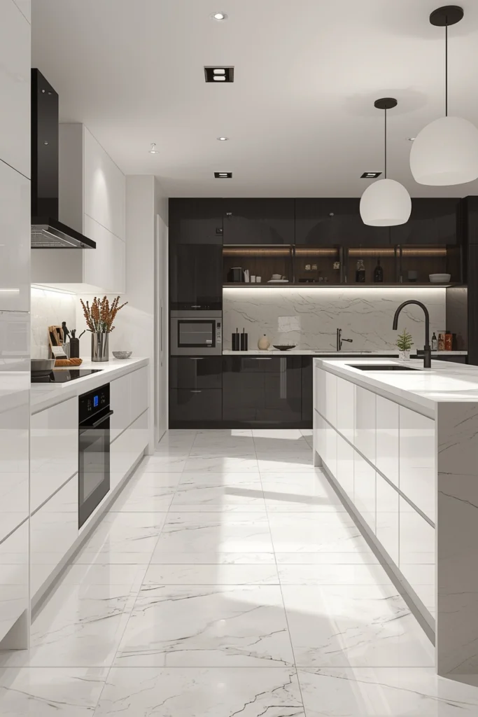 Glossy white porcelain tiles brighten the kitchen space.