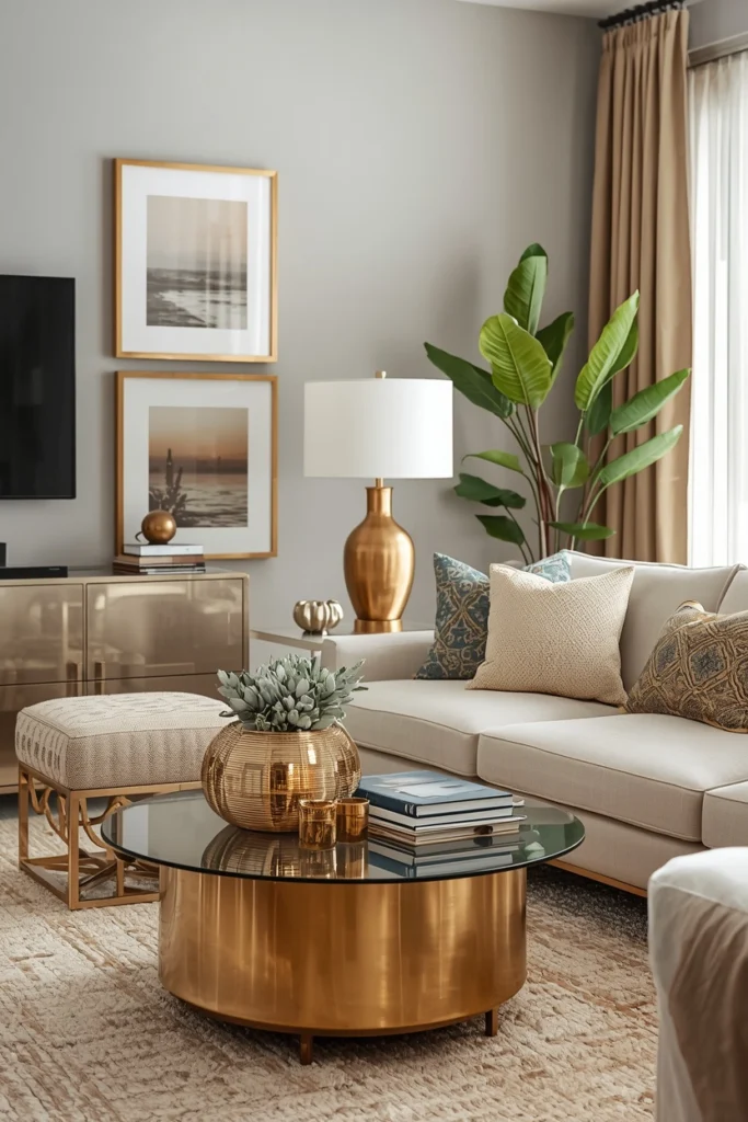 Brushed gold decor accents shimmer in warm summer living room light.