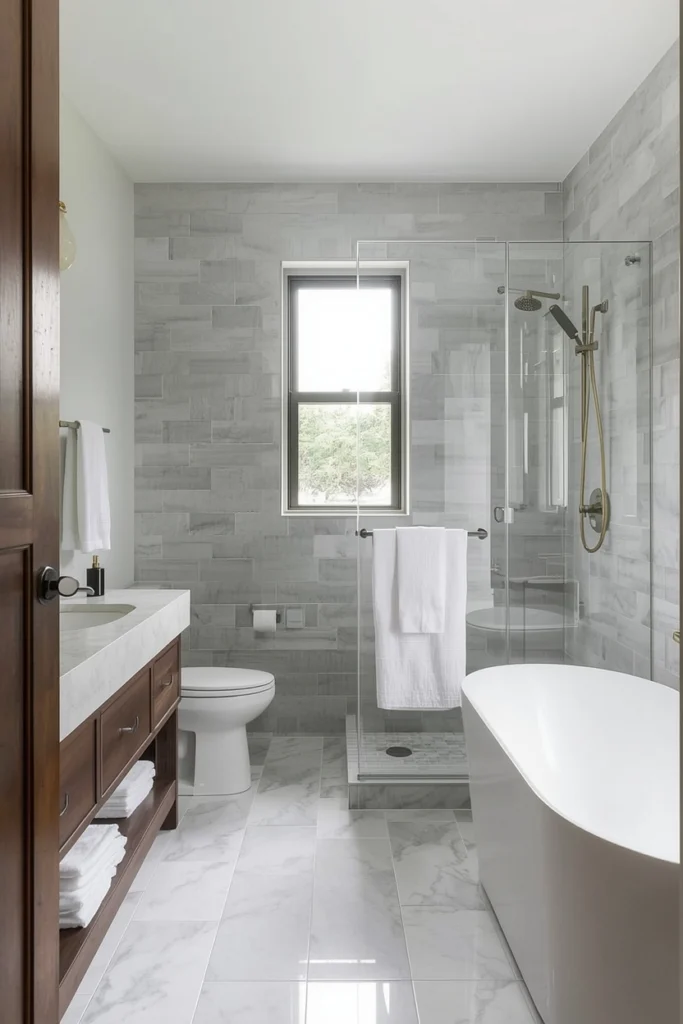 Separating grooming and bathing zones improves bathroom function.