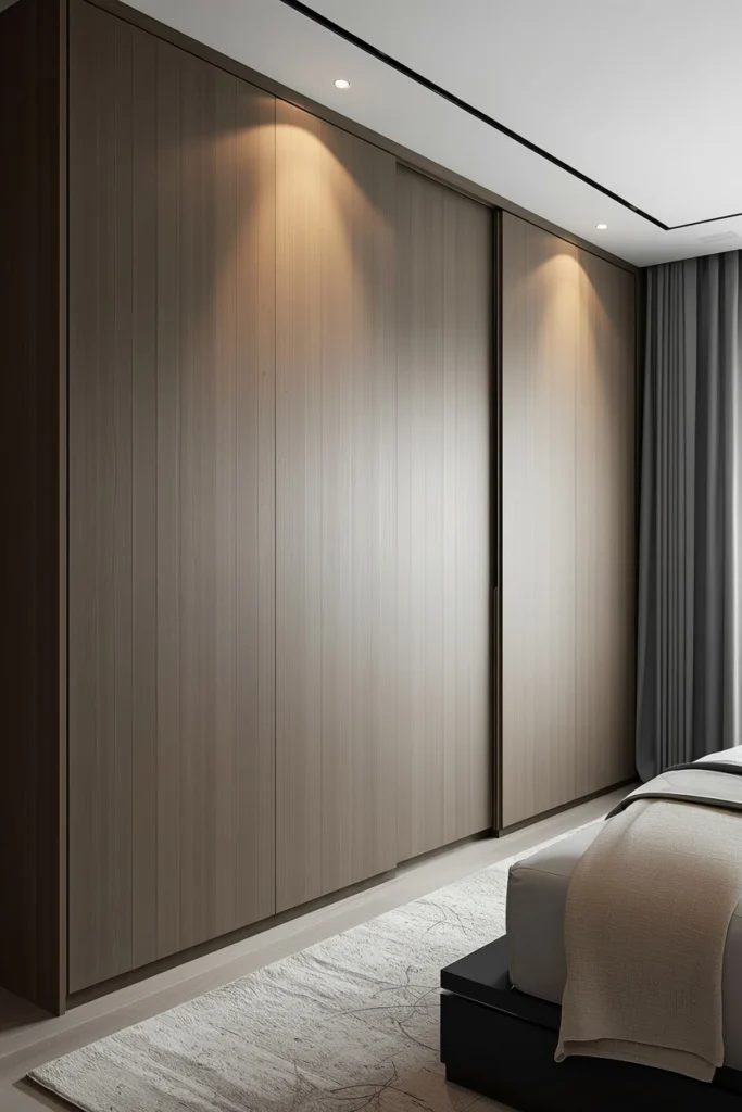 Handleless push-open wardrobe doors create a seamless wall finish.