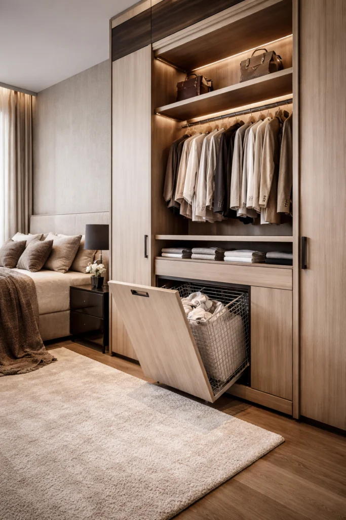 Tilt-out wardrobe laundry bin stays completely hidden behind doors.
