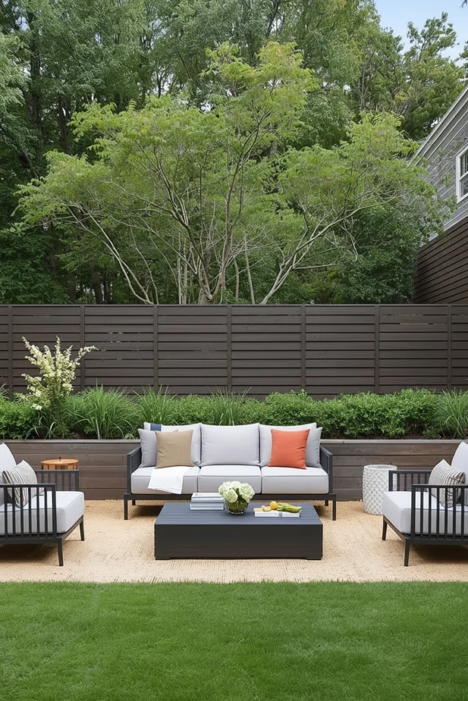 A high-back sofa blocks wind on exposed outdoor patios.