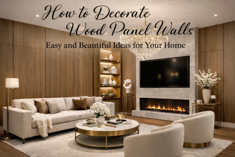 Modern luxurious living room with elegant wood panel walls, soft neutral furniture, and stylish decor accents