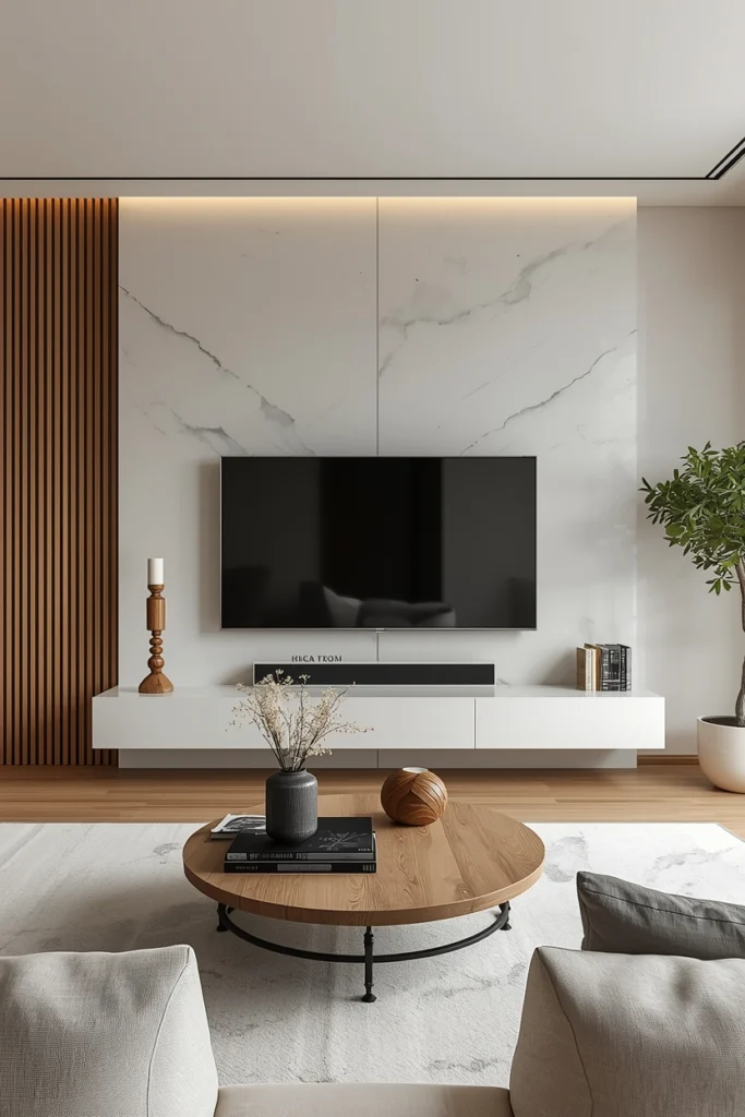 Clean Japandi TV wall using natural timber and neutral tones.