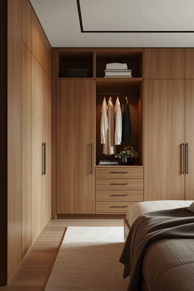 Japandi style wardrobe uses matte wood for calm bedrooms.