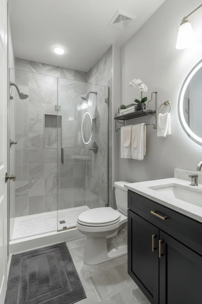 An L-shaped layout keeps wet and dry zones separate.