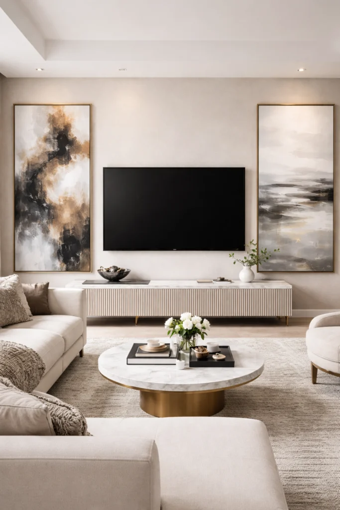 Two large vertical art pieces placed beside a TV screen.