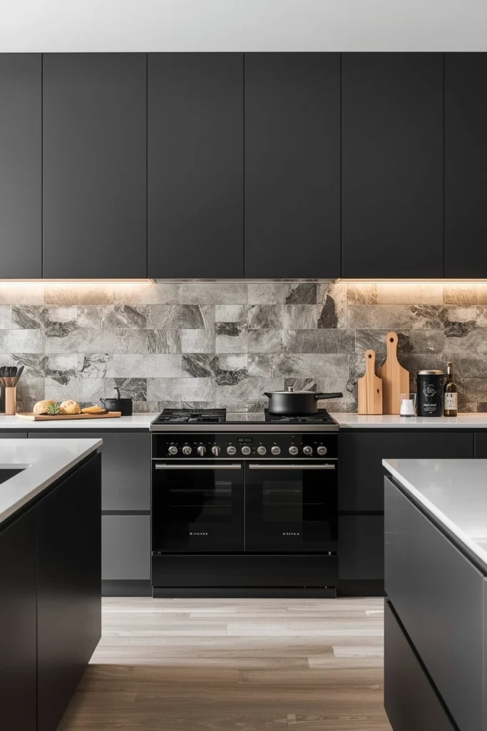 Large sintered stone panels create a smooth modern wall.
