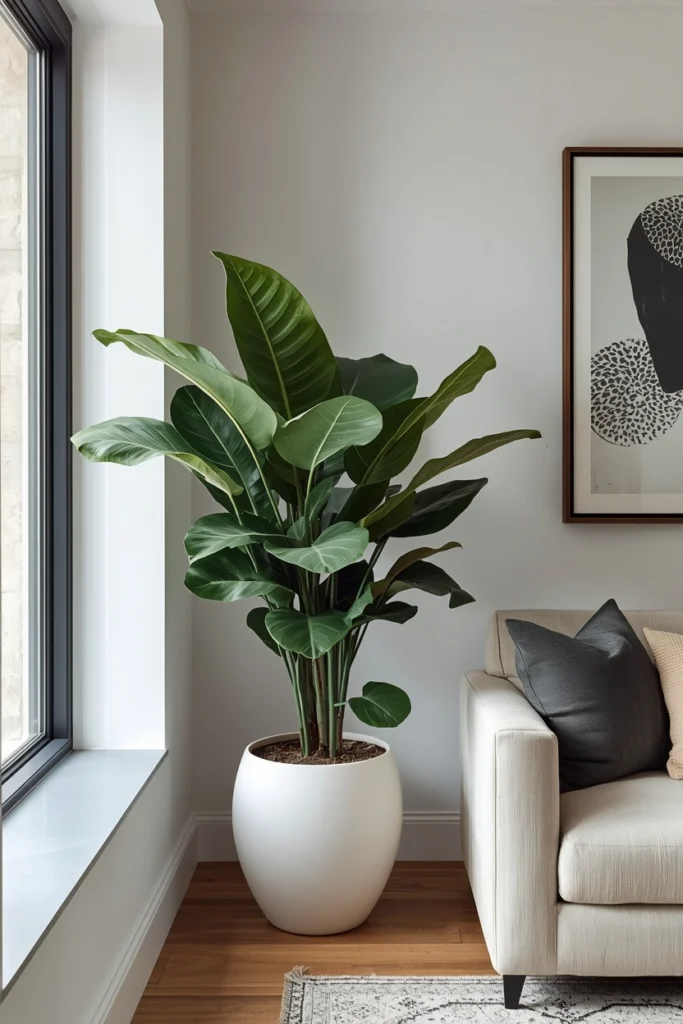 A tall fiddle leaf fig plant sits near a sunny living room window.