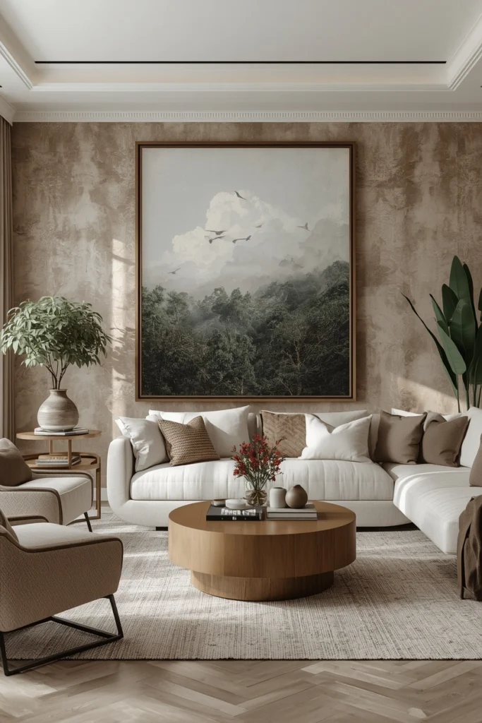 One large artwork hangs on a bright modern living room wall.